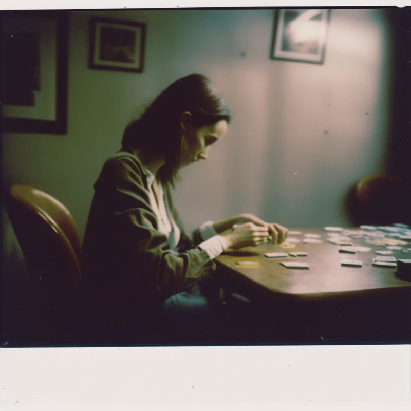 woman playing solitaire at a desk, , fuji color film, polaroid, 1999